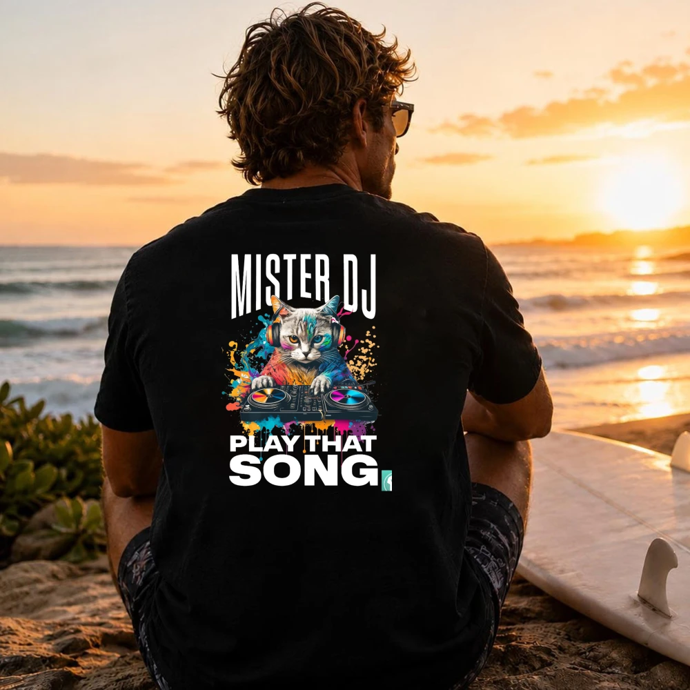 MEN'S Mister DJ Play That Song Colorful Cat DJ Turntable Graphic T-Shirt Men Back Print Cotton Short Sleeve EDM Party Casual Tee