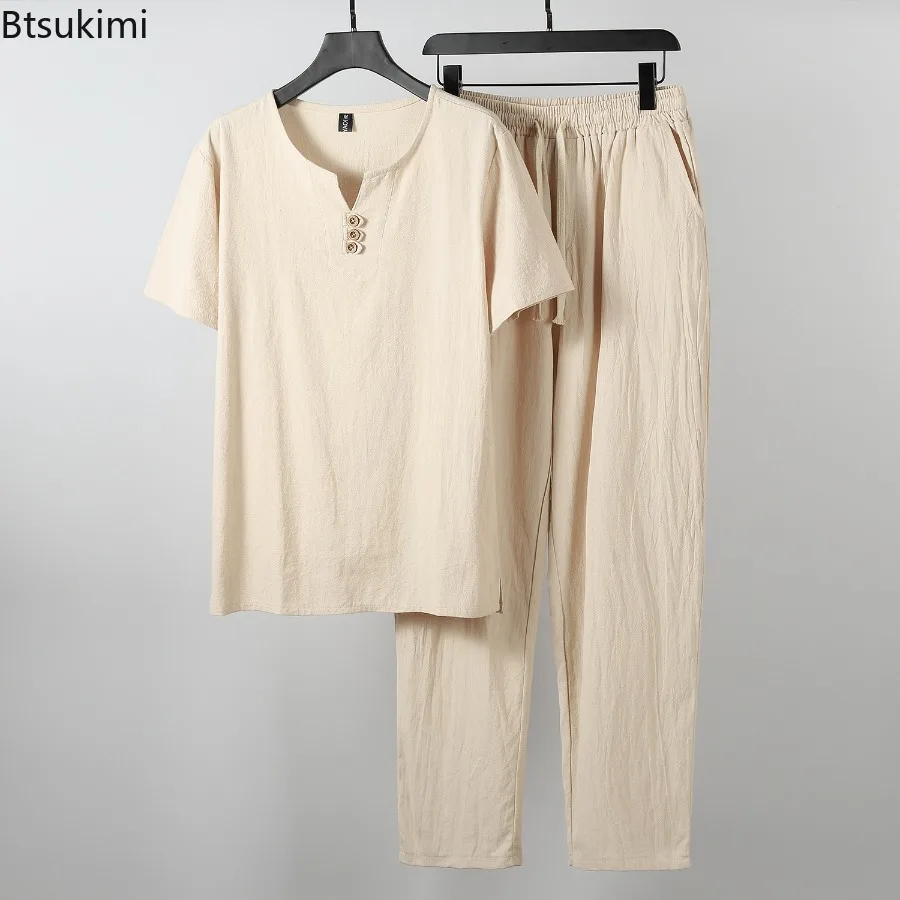 New 2025 Summer Linen Suit Men's Button Cotton and Linen Casual Retro T-shirt V Chinese Style Solid Color Loose Male Clothing