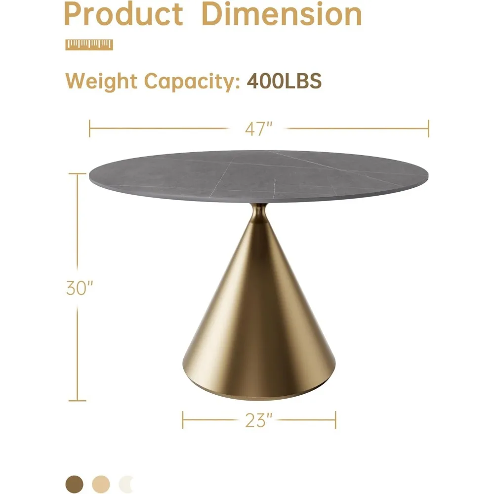 모던 라운드 다이닝 테이블, 회색 원형 인조 대리석 탑 주방 테이블, 골드 럭셔리 콘 받침대, 식당, 가정용, 47 인치