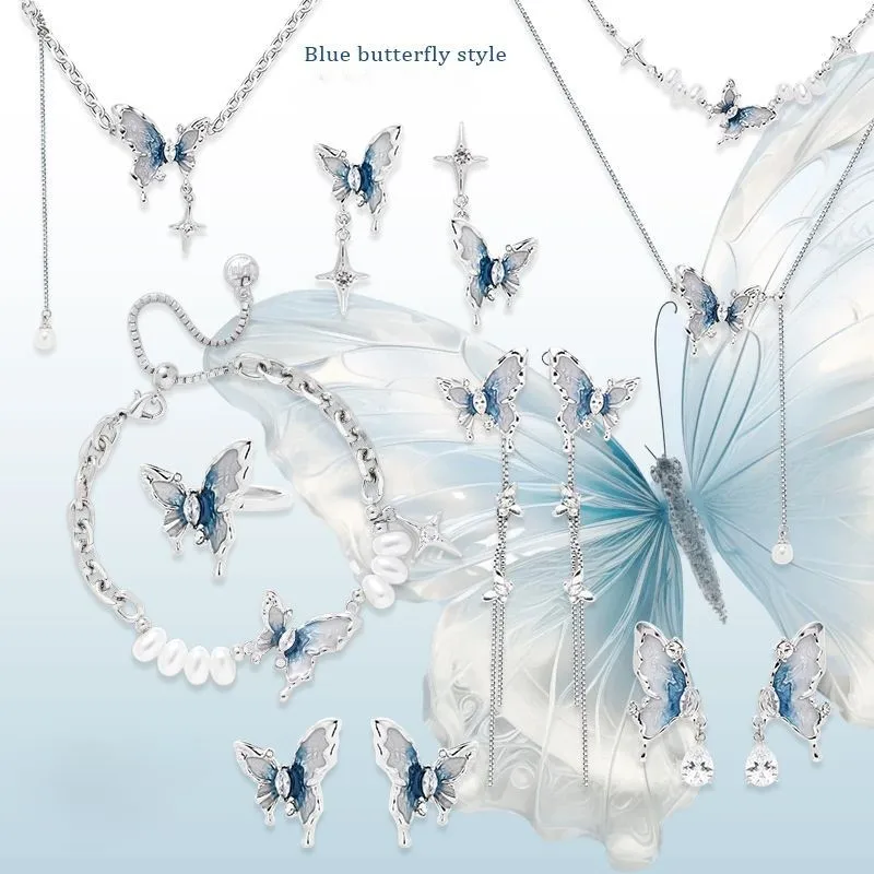 

Ethereal Blue and White Butterfly Jewelry: Elegant, Luxury Earrings & Necklace Set for a Stylish Look.