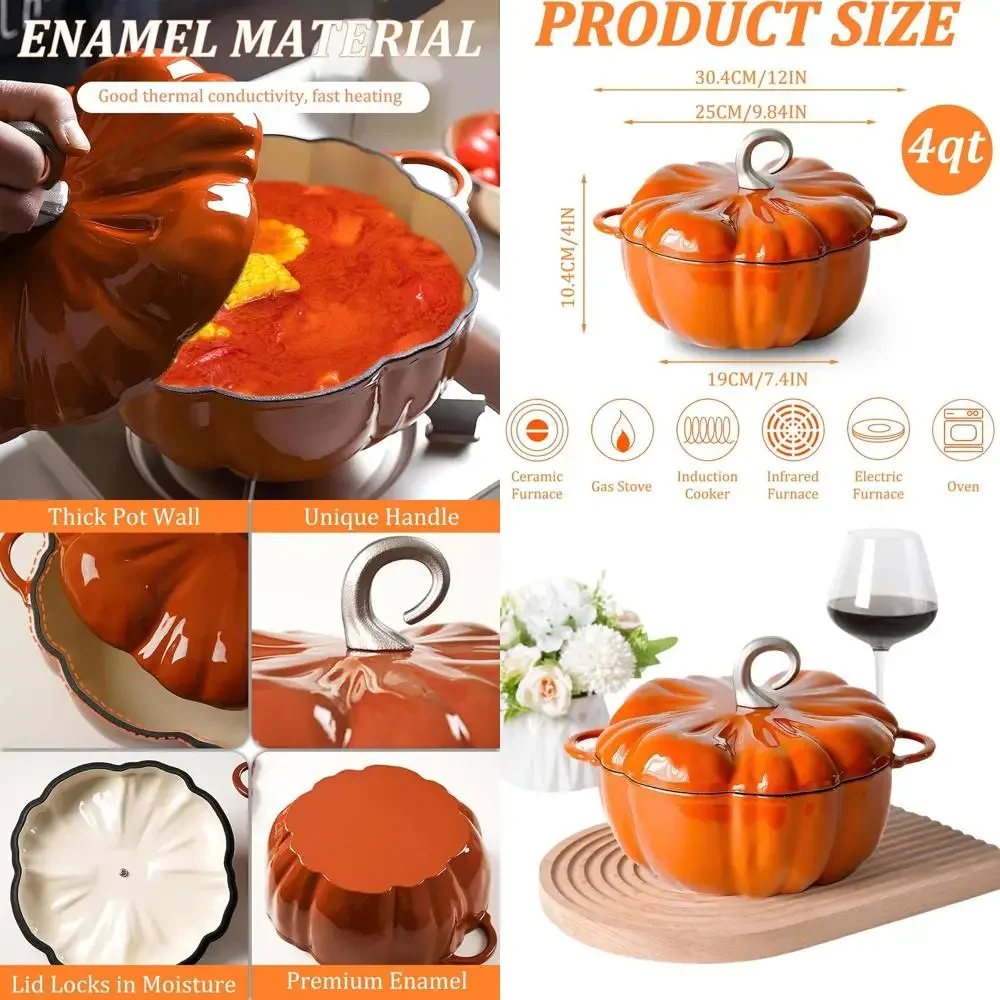 

Enamel-Clad Pumpkin Dutch Oven, 4-Quart Cast Iron Pot with Lid, Perfect for Soups and Stews, Ideal Holiday Gift, 3-5 Servings, C