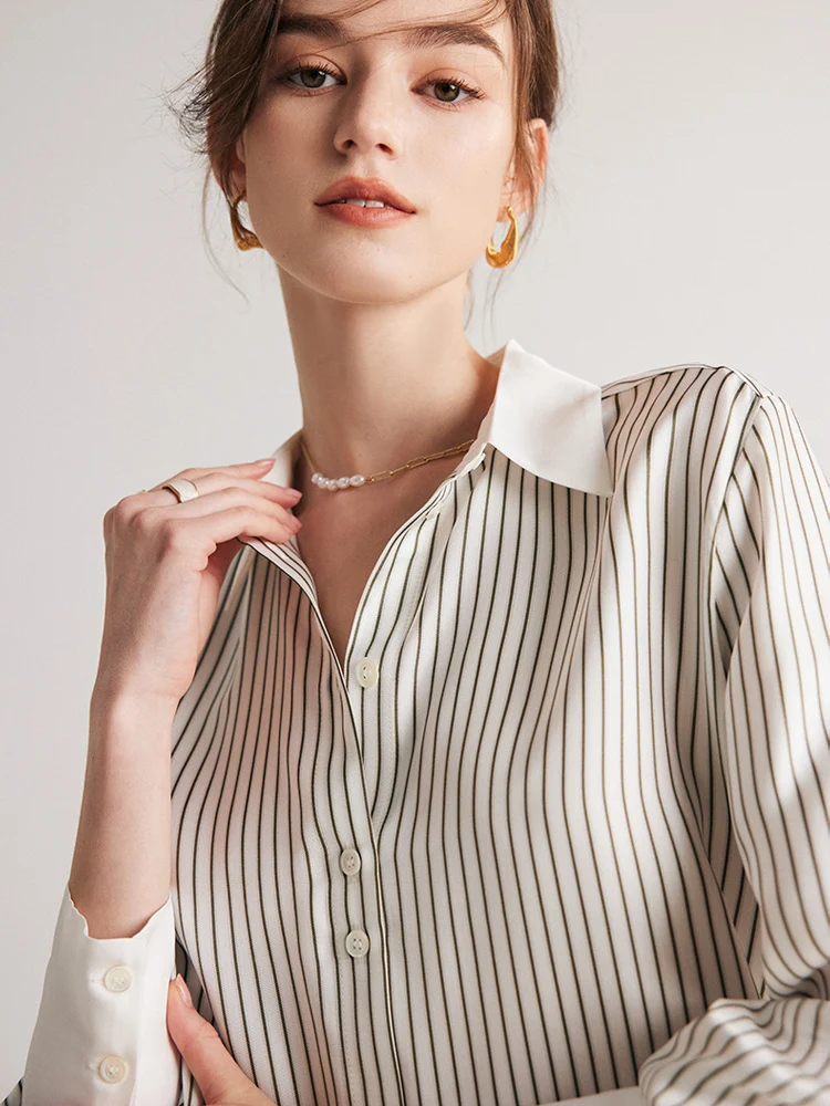 SuyaDream Women Striped Shirts 100%Mulberry Silk Single Breasted Chic Blouses 2023 Spring Summer Silk Top White