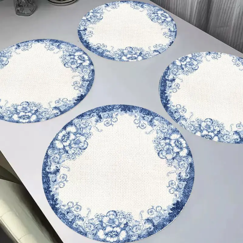 VIKAMA European Blue and White Porcelain Linen Table Mat Insulation, Washable, Wear resistant Table Mat Table Decoration
