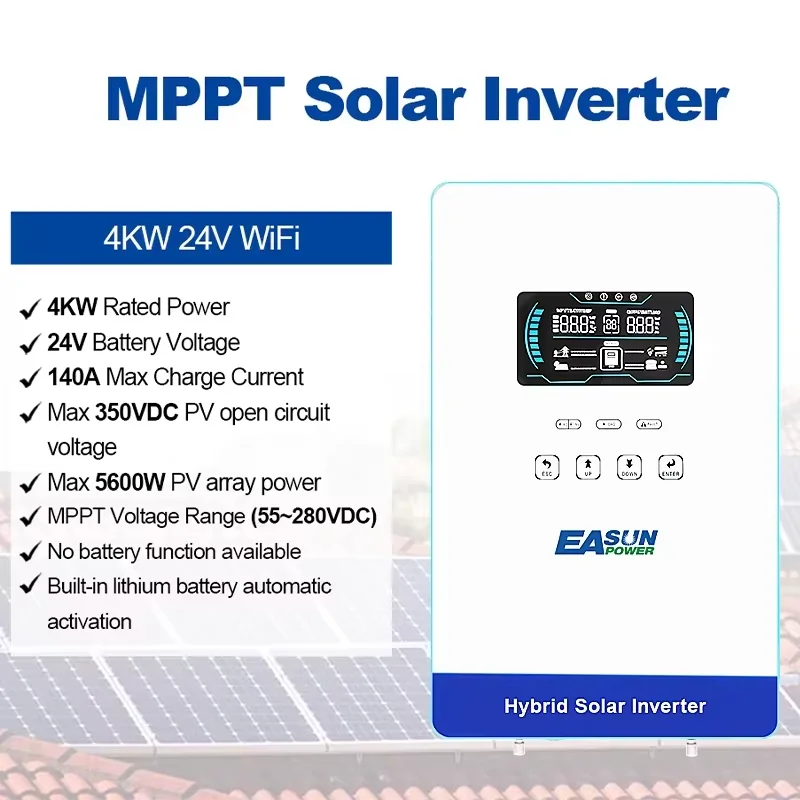 EASUN POWER Hybrid Solar Inverter 4KW MPPT 140A 350VDC PV Input 110VAC 24VDC 4000W Pure Sine Wave 6.25 Inch LCD Display Household for USA 1PC 2PCS 10PCS