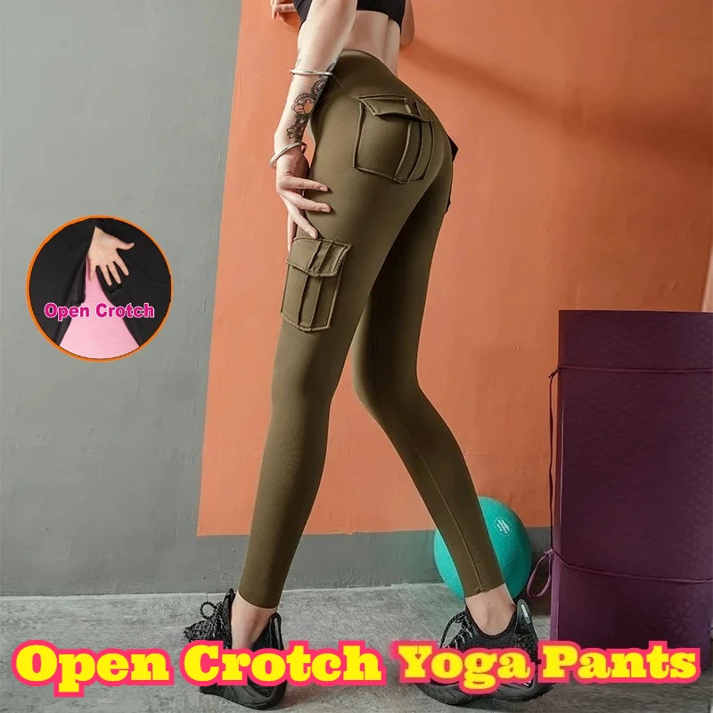 

Open Crotch High Waist Leggings Tight Fit Hip Lifting Tummy Control Flip Pocket Stretch Breathable Yoga Fitness Running Workout