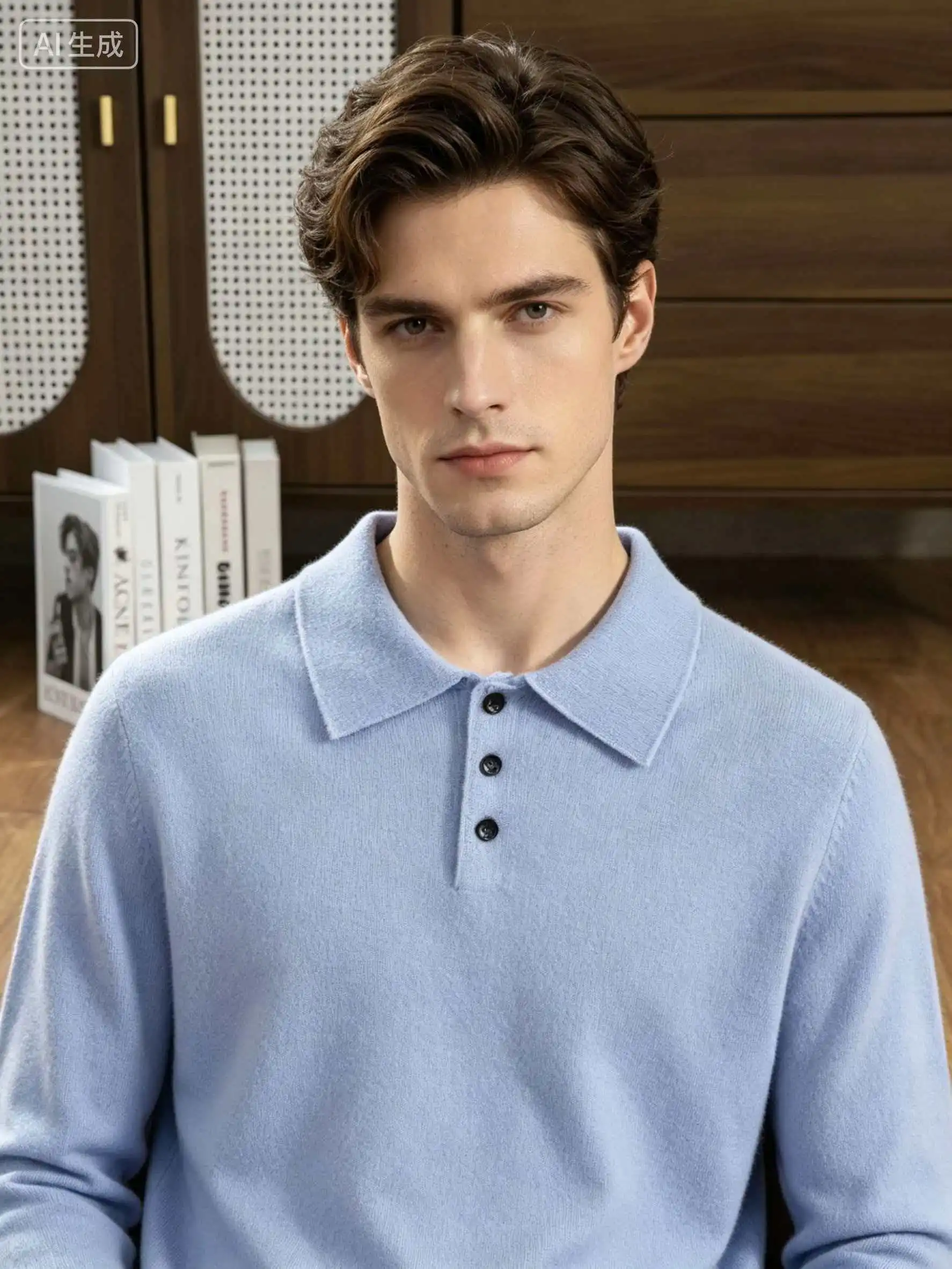 Men's 100% Cashmere Polo Shirt Autumn Winter Knitted Casual Loose Long-Sleeved Sweater Versatile High-Quality Men's Clothing Top view 3