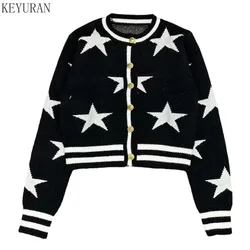 2024 Spring Autumn Star Jacquard Knitted Cardigan Women Vintage O-Neck Long Sleeve Single Breasted Sweater Loose Versatile Tops