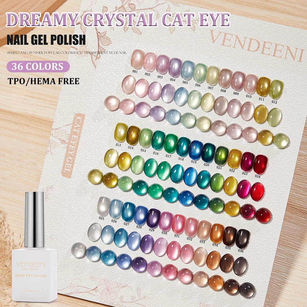 Vendeeni 36 Colors/Set Dreamy Glass Beads Cat Eye Gel Nail Polish Magnetic Crystal Cat Eye UV Soak Off Gel Varnish With Display