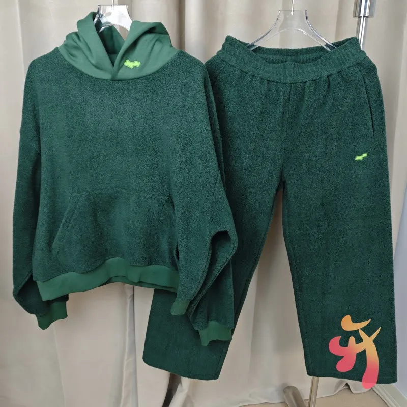 

Зимний комплект: толстовка с капюшоном и брюки унисекс из плотного флиса с вышивкой, в стиле пэчворк, для мужчин и женщин, повседневный уличный стиль