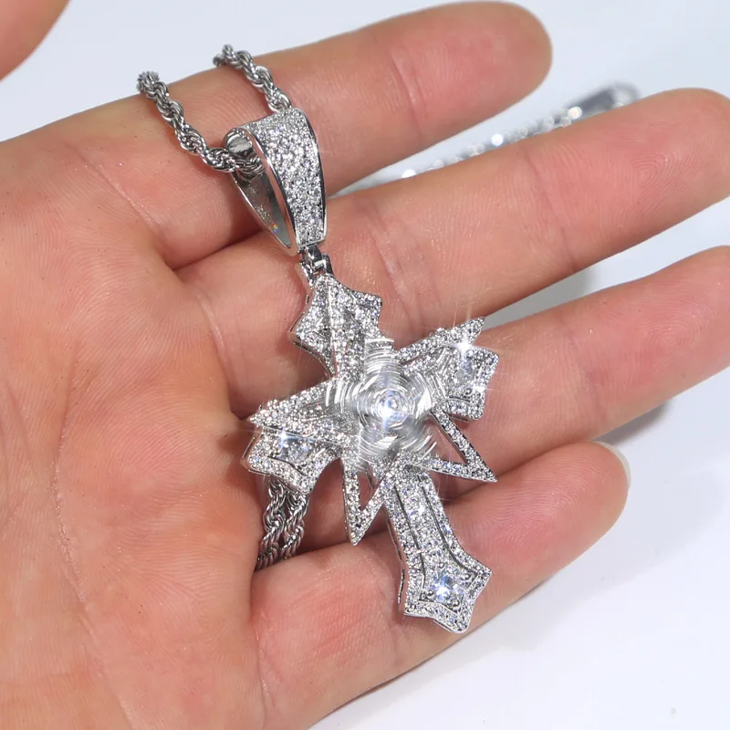 

2025 Iced Out Men fashion Jewelry 5A Cubic Zirconia CZ Spinning Five-pointed Star Cross Hip Hop Pendant Necklaces