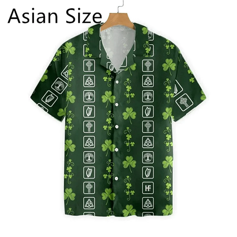 

Four Leaf Clover Graphic Shirts For Men Fashion Summer Holiday St. Patrick's Day Hawaiian Shirts Trend Streetwear Oversized Tops