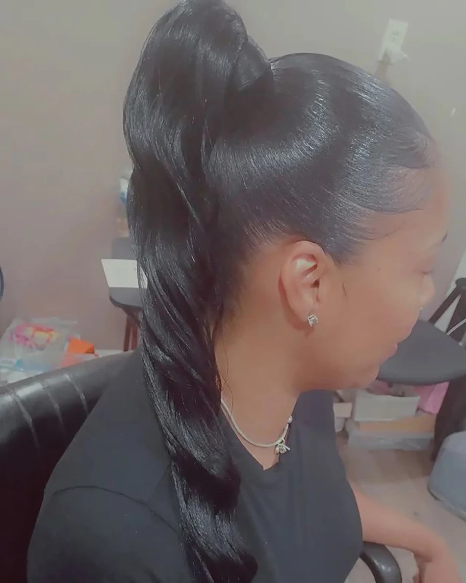 바디 웨이브 포니테일 클립인 헤어 익스텐션 포니테일 인모 스트레이트 랩 어라운드 드로우스트링 브라질리언 헤어 (흑인 여성용)