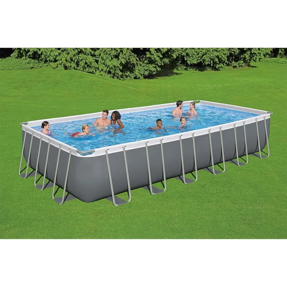 Rectangular Metal Frame Above Ground Swimming Pool Set with 1500 GPH Sand Filter Pump, Ladder, and Pool Cover