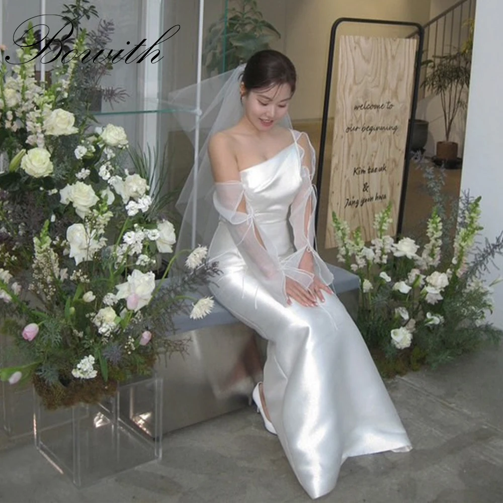 

Bowith One-Shoulder Long Sleeves Wedding Reception Dresses Korea Photo Shoot Floor-Length Customized Bridal Gown