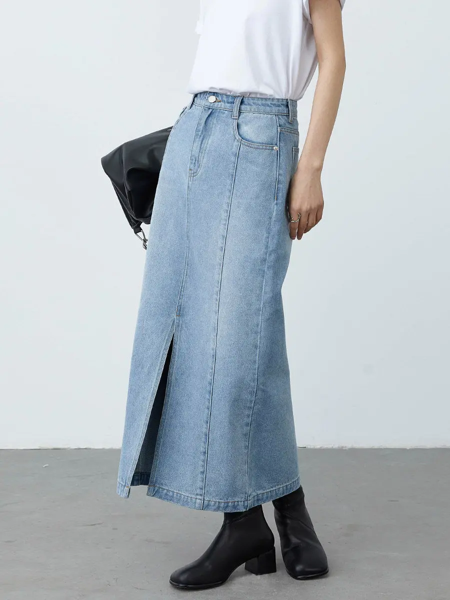 CHIC VEN Women Long Skirts Loose Casual Cotton Retro High Waisted Front Split Ladies Straight Leg Denim Skirt Spring Summer 2026