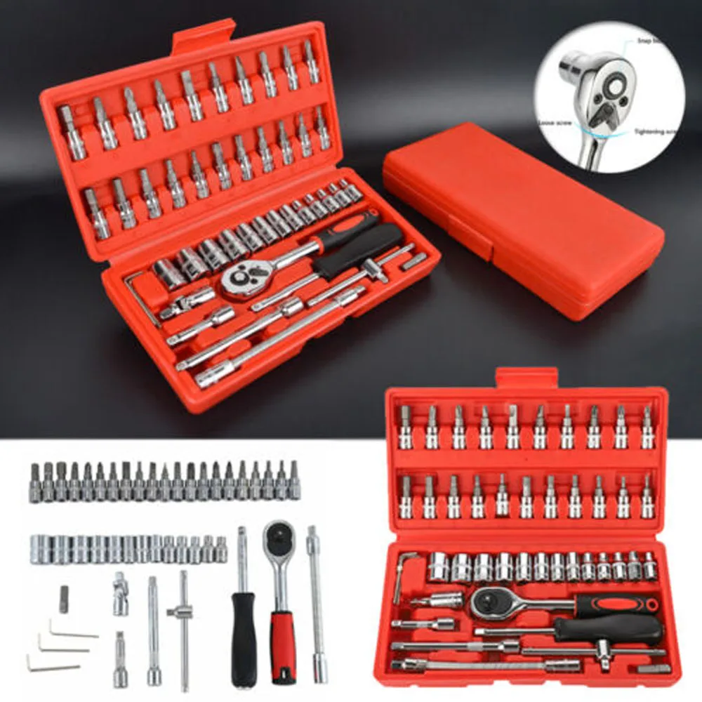 46PCS Ratchet Wrench Set Kit 1/4' Metric Drive Ratchet Phillips Torx Bits Allen Key Screwdriver Professional Metalworking Tool