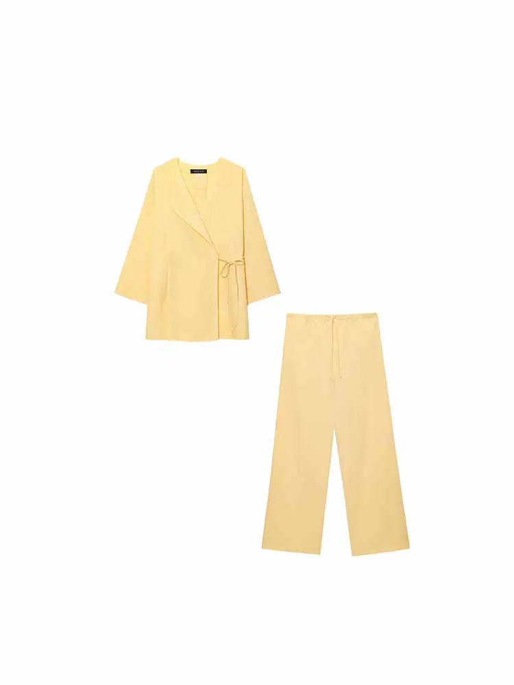 

Летняя новая женская одежда в европейском и американском стиле, повседневное простое кимоно из смеси льна, перекрестное пальто, широкие брюки, костюм