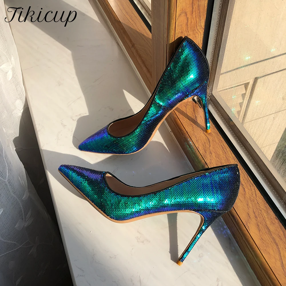 

Tikicup Green Blue Sequins Women Sexy Glitter Pointy Toe 12cm 10cm 8cm High Heel Wedding Party Shoes Gorgeous Stiletto Pumps