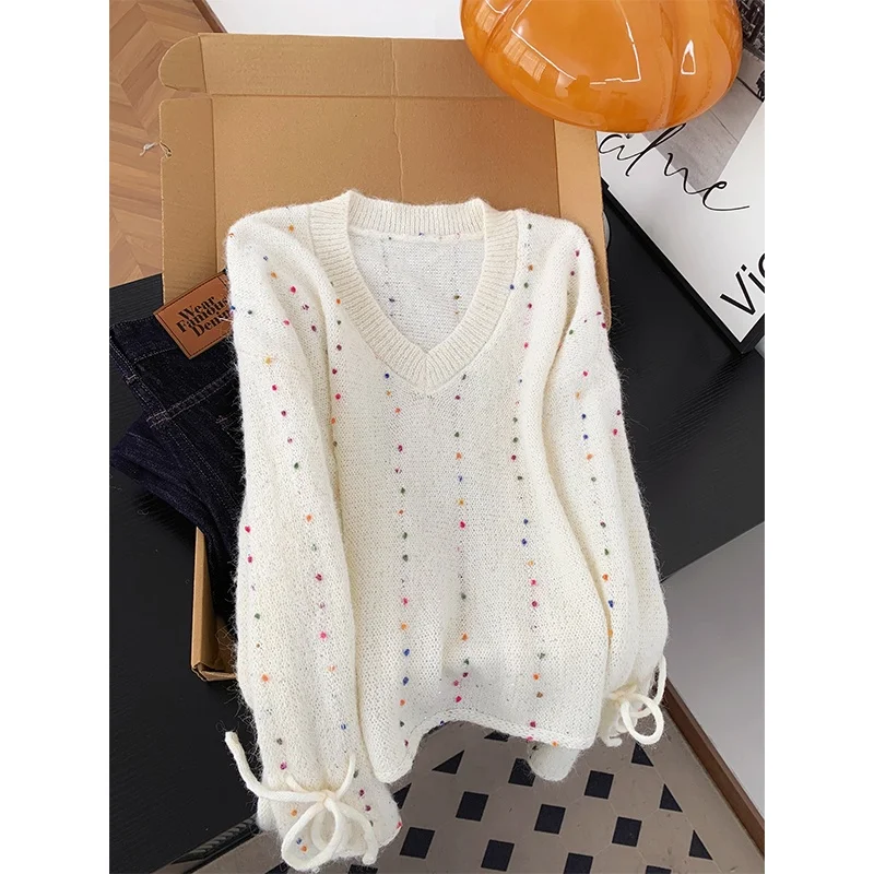 

Korean Sle Lazy High-End Dot Knitwear Women's Autumn Winter Gentle Personali V-Ne Belt Long Sve Top