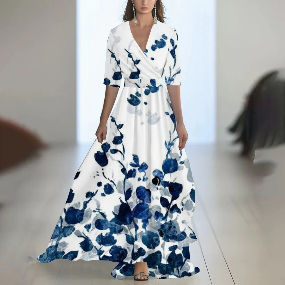 Elegante vintage dames zomer lange jurk met korte mouwen Boho bloemenprint sexy diepe v-hals maxi-jurken dames vestidos zonnejurk
