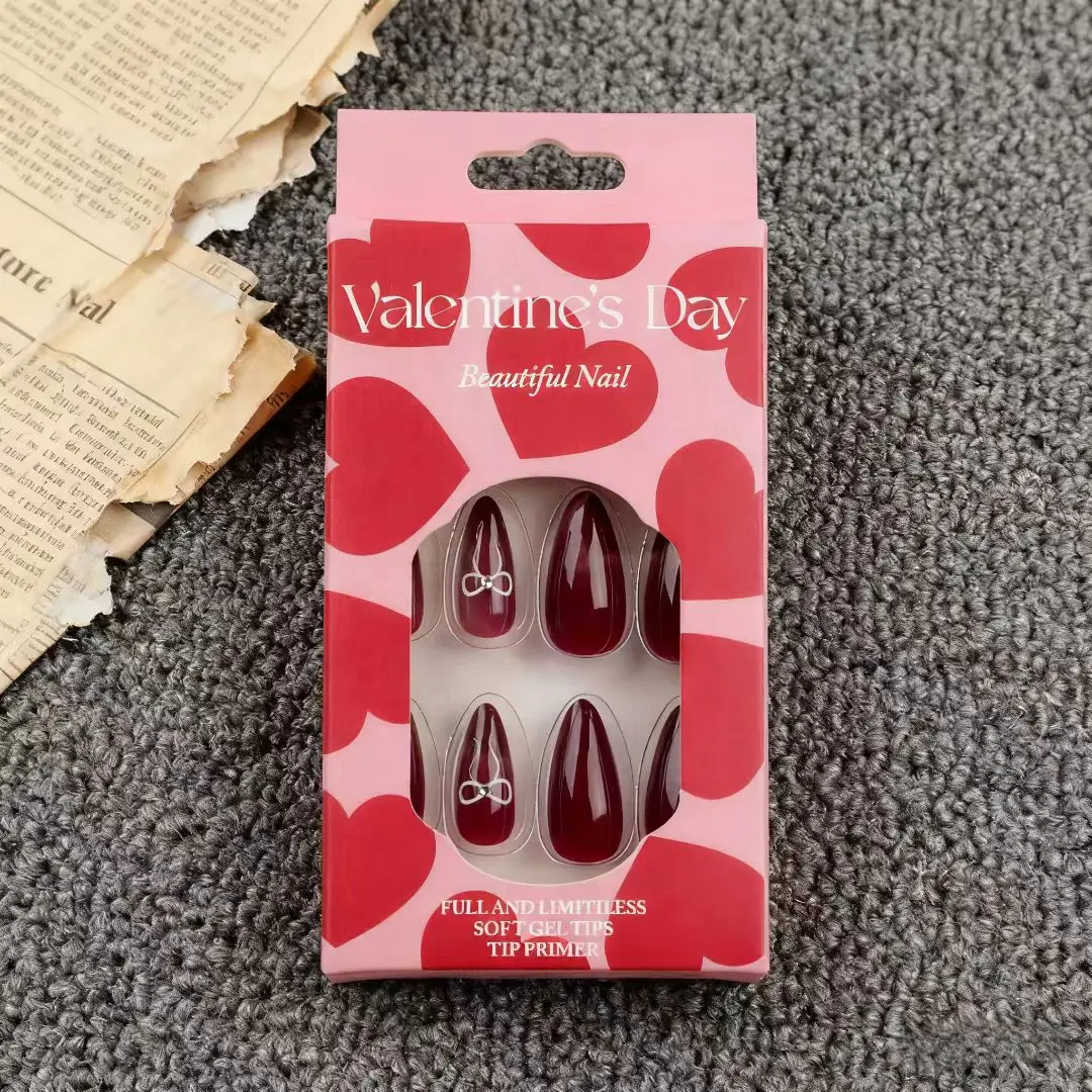 24 قطعة بسيطة الكرز الأحمر Bowknot اللوز رسومات أظافر وهمية يمكن ارتداؤها غطاء كامل أظافر صناعية INS نمط عيد الحب الصحافة على الأظافر مانيكير #3