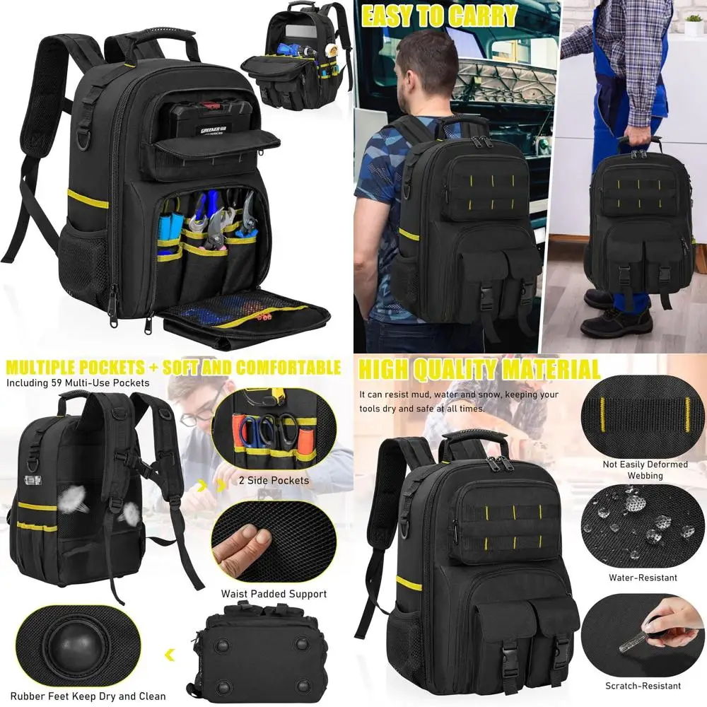 

Прочный рюкзак для инструментов с мягкими лямками и съемным органайзером, водонепроницаемый, для рабочих, черно-желтый