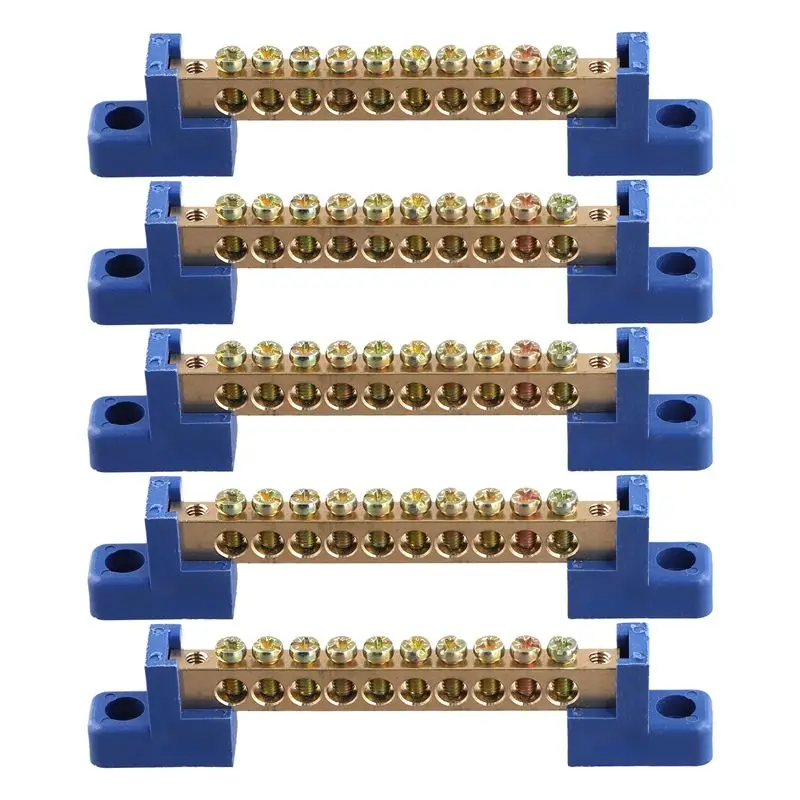 A01F-Terminal Block Blue Terminal Bus Bar 10 Positions Screw Brass Terminal Grounding Strip Bus Bar Block Pack Of 5