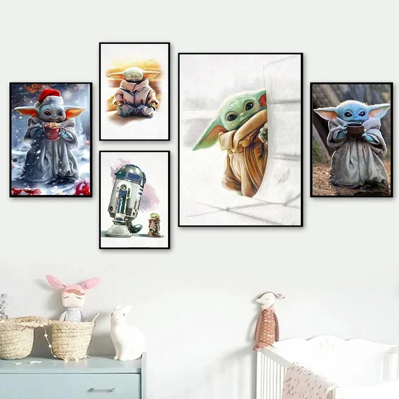 Disney White Kraft Paper Wall Art TV Play The Mandalorian Baby Yoda Posters And Prints For Kids Room Cartoon Home Decor