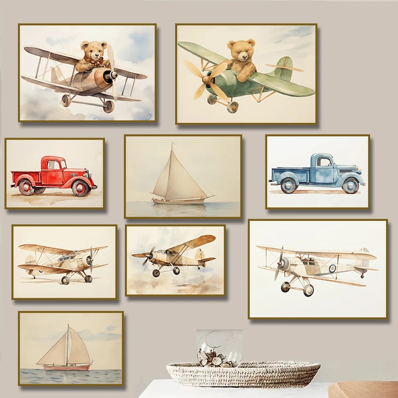 تيدي بير الطائرة الطائرة الزرقاء شاحنة المراكب الشراعية قماش اللوحة الحضانة المشارك طباعة جدار صورة فنية لغرفة المعيشة ديكور المنزل