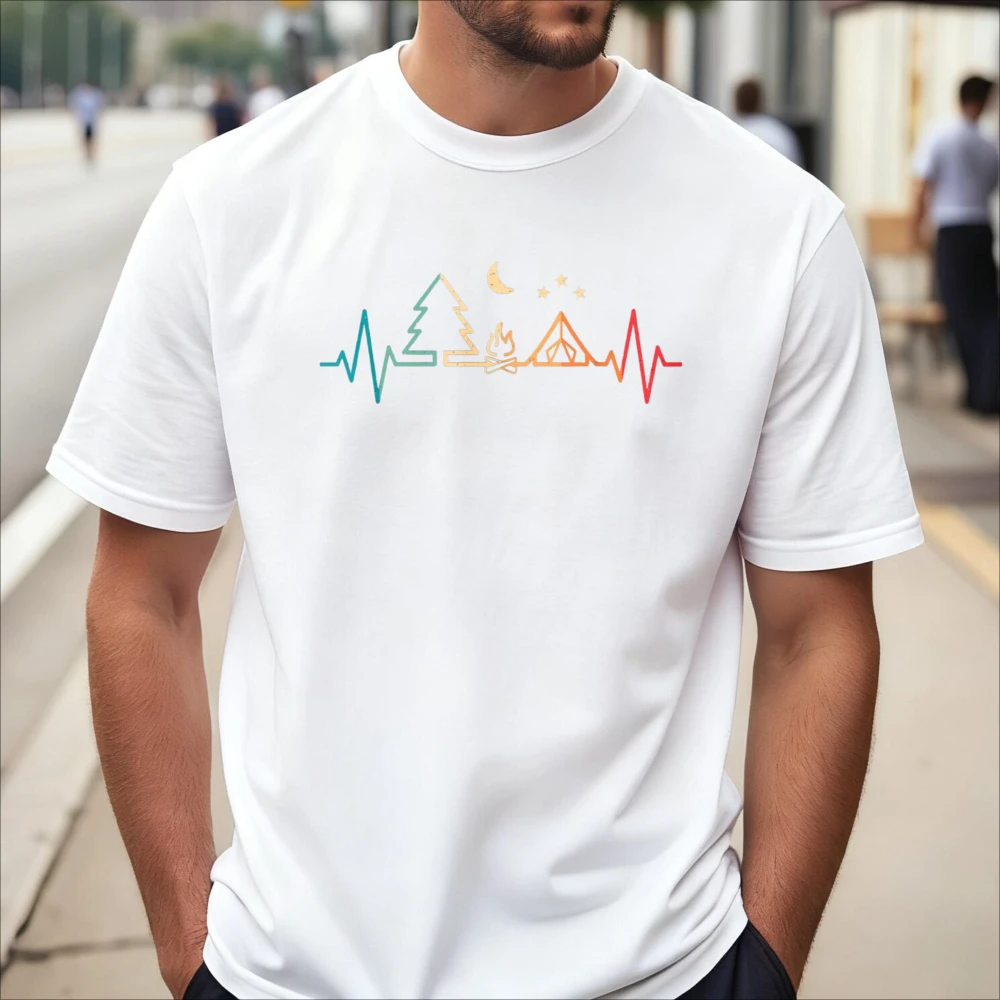Colours Camping Heartbeat Line Graphic Outdoor Hiking Man Women T-Shirt Casual Fashion Loose Harajuku Summer Clothing