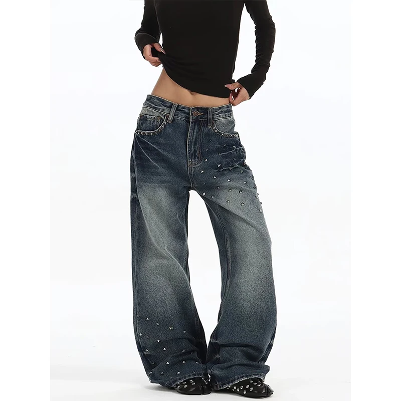 Y2K Rhinestone Studded Wide Leg Jeans Women American Retro Baggy Washed Blue Denim Pants Casual High Street Fashion Trousers
