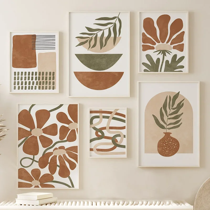 1 Stück rahmenloses Leinwandgemälde Abstrakte Linien Vase Blumen Blatt Boho Geometrie Wandkunst Leinwandmalerei Nordische Poster und Drucke P