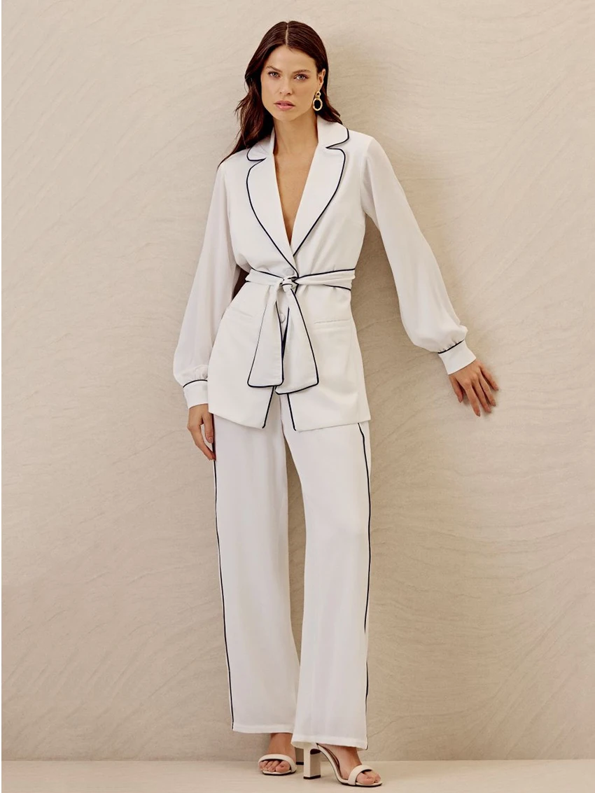 

Marthaqiqi Winter Women Nightwear Suit Long Sleeve Nightgown Sexy Turn-Down Collar Pajama Pants Loose White Ladies Sleepwear Set