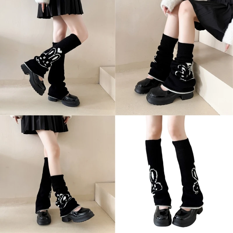 

Acrylic Leg Warmer Cute Rabbit Motif Elasticated Cuffs Stackable Design Costume Long Leg Socks For Layered Winter Styles