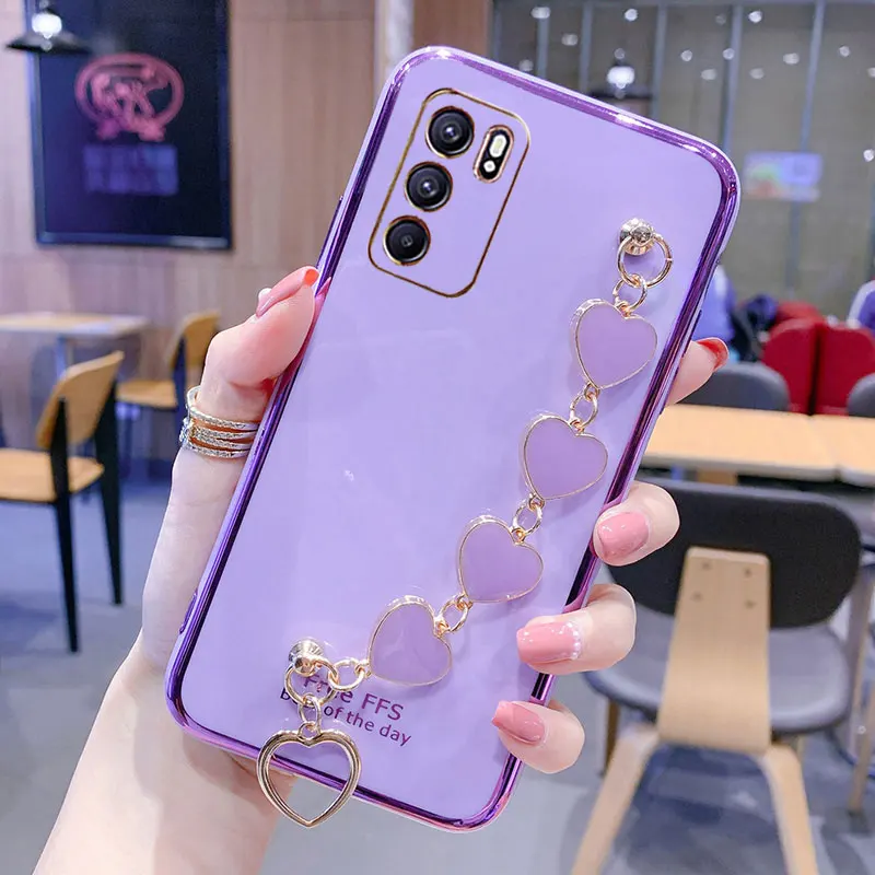 Wrist Bracelet Phone Case For OPPO A54S A54 4G 5G Case Luxury Heart Chain Plating Cover For OPPO A54S Case A 54S A54 A16 A16S