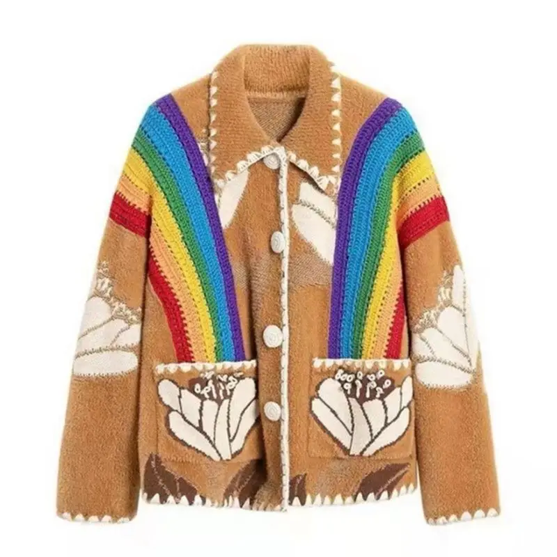 Chic Woman Rainbow Jacquard Embroidery Loose Knit Cardigan Turn Down Collar Threads Edges Sweater Coat Wool Knitwear Jacket Tops