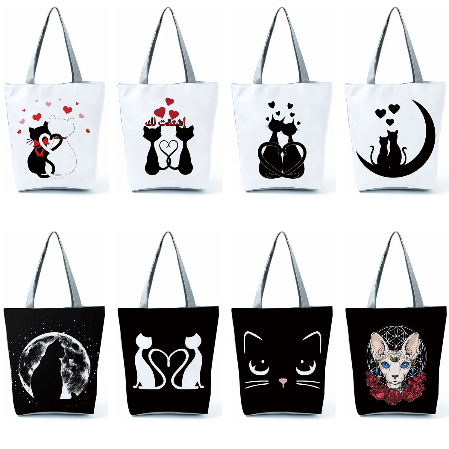 

Women Cartoon Black Cat Handbags Custom Pattern Cute Fashion Print Shopping Bag High Capacity Female Tote Womens Shoulder Bag