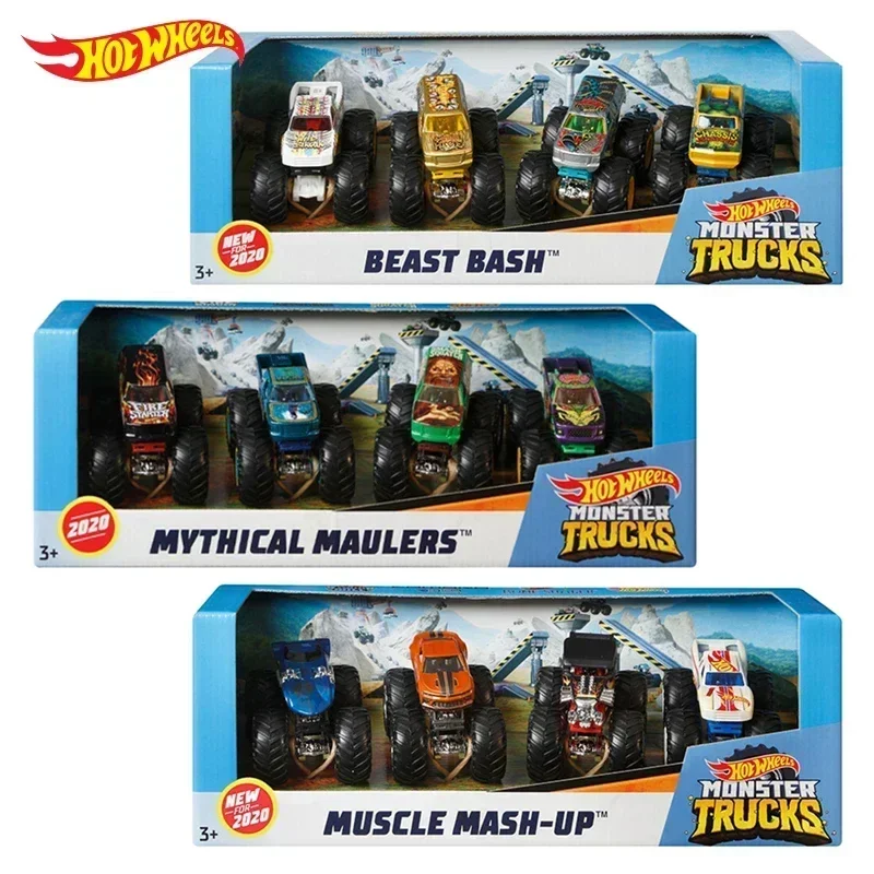 Original Hot Wheels Monster Trucks 4 Car Pack Giant Foot Metal Vehicle Model Wild Boys Toys Kids Muscle Beast Bash Racing Gift