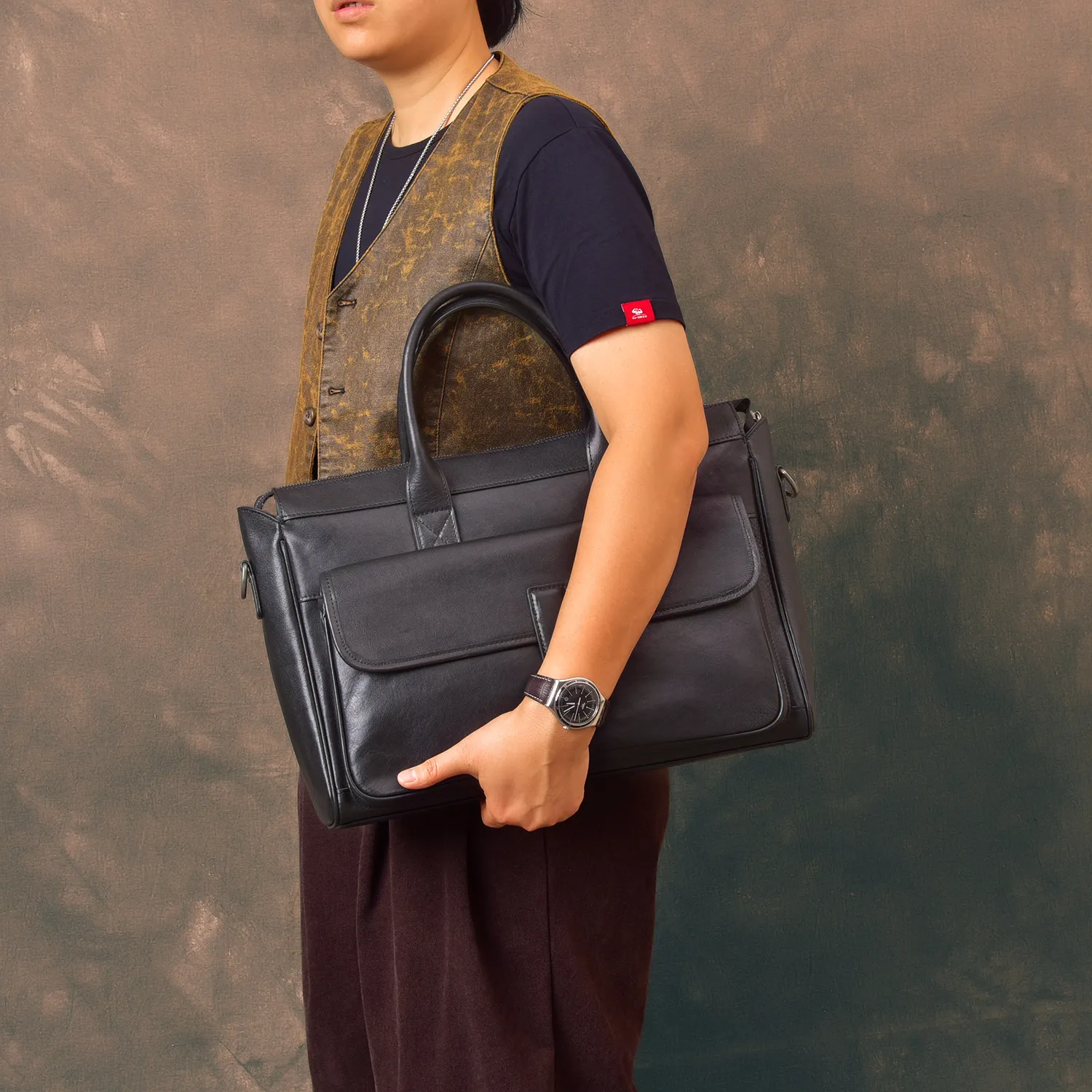 organizer designer handmade work genuine leather men's briefcase business casual luxury real cow leather black laptop handbag