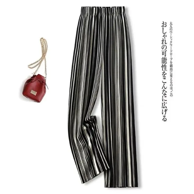 

Women's Ice Silk Striped Wide Leg Pants High Waist Loose Casual Trousers