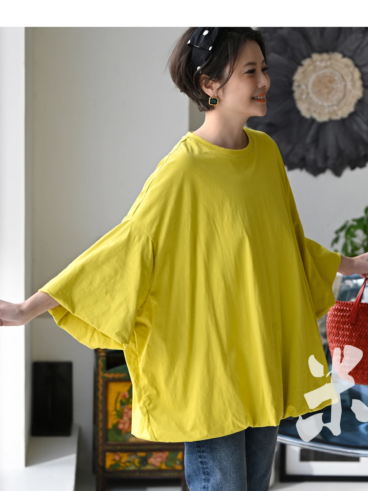 

Женская футболка в стиле миланской декларации, повседневная, художественная, омолаживающая, двухслойная, из чистого хлопка, с круглым вырезом, рукавом А-силуэта, в кукольном стиле, весна