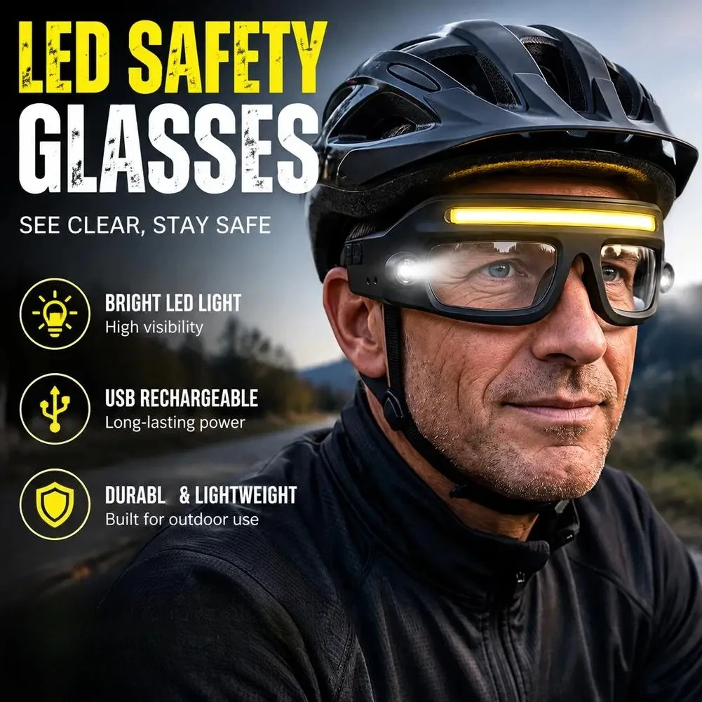 LED Safety Glasses with Rechargeable Light High Visibility Protective Eyewear for Cycling Running Hiking Outdoor Sport