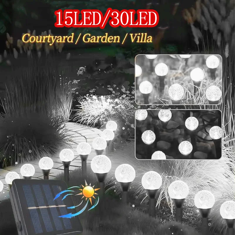 

15/30 LED Solar Outdoor Fairy Lights with 8 Modes, RGB Colorful Globe Waterproof Stake Lights, Mini Crystal Bubble String Light