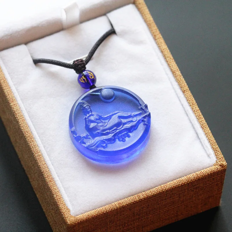 Feng Shui Chinese Style Lucky Blue Liuli Guan Yin Pendant Necklace Good Luck Blessing Fortune Wealth Amulet Adjustable Rope Jewe
