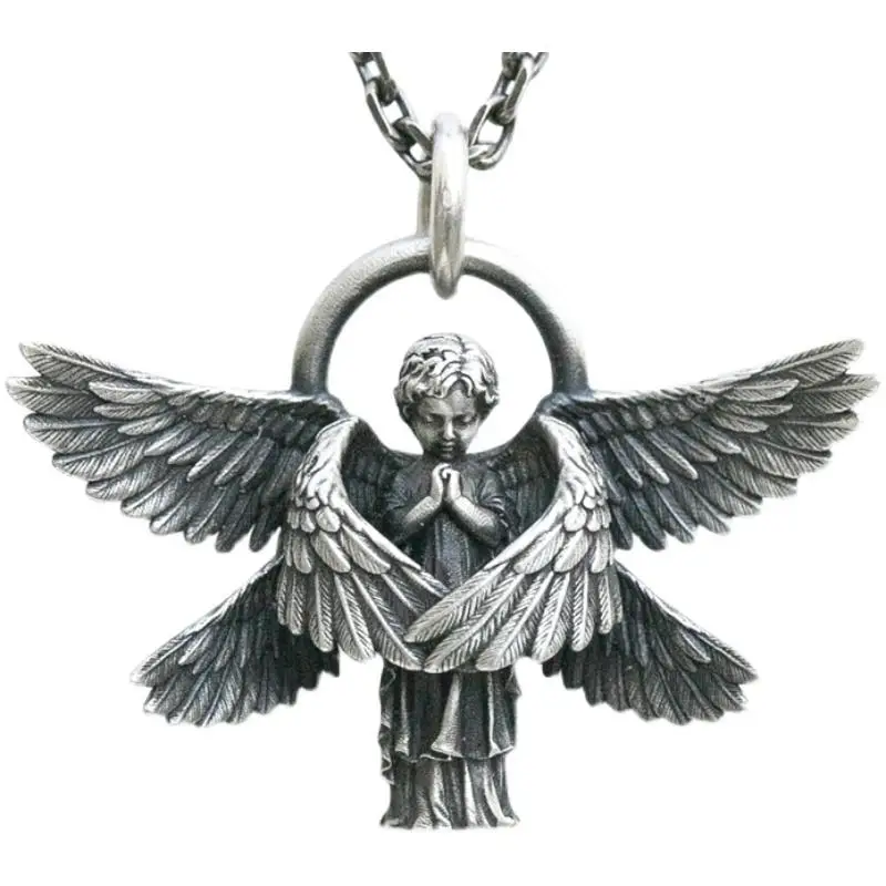 Classic Angel Pendant Necklace Handmade Seraph Prayer Pendant Long Chain Necklace Men Women Jewelry Anniversary Gift