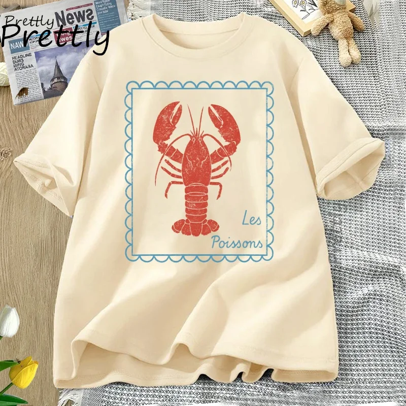 Lobster T-Shirt French Coastal Tee Shirt Men Women Summer Cotton Short Sleeve T Shirt Oversized Round Neck Tshirt Oversized