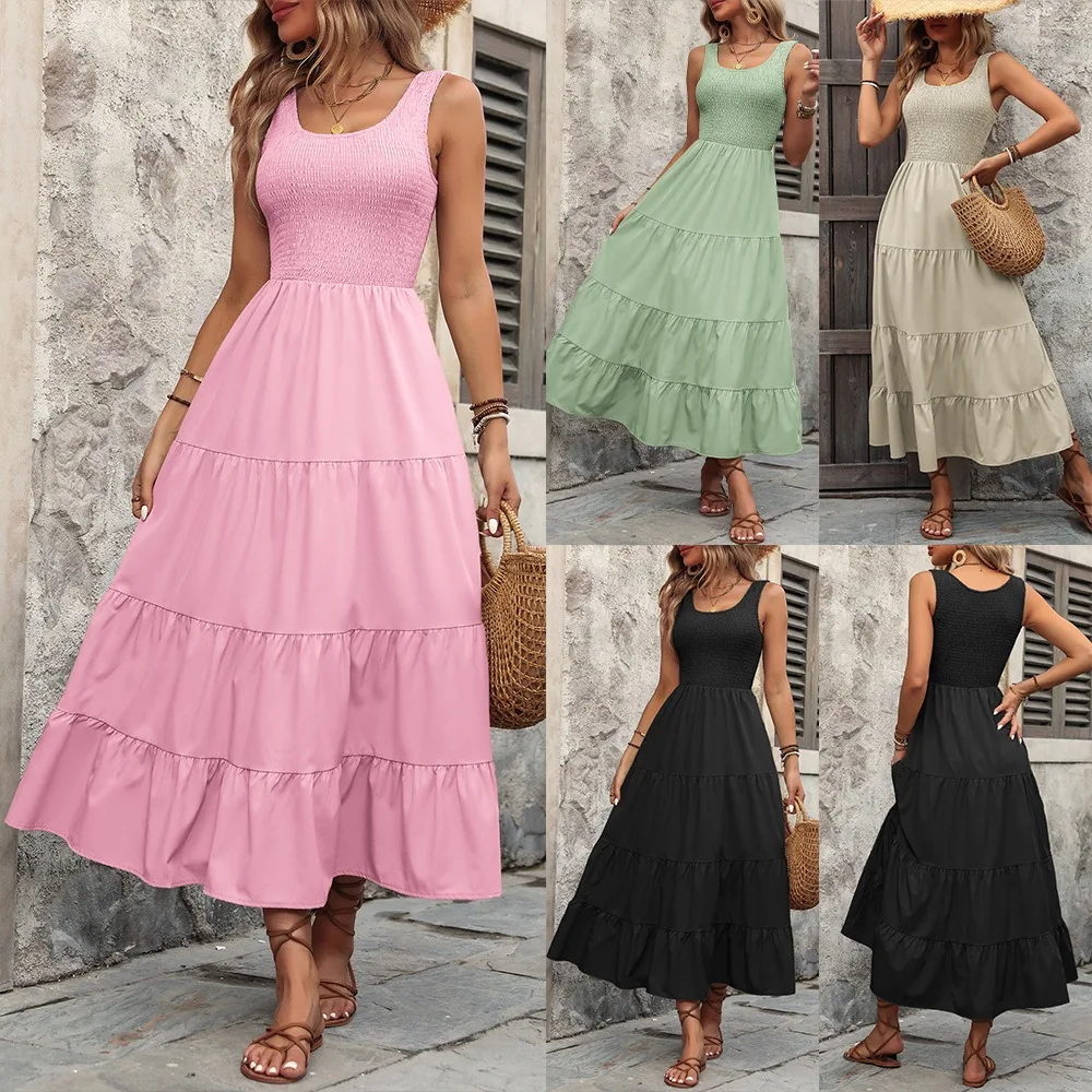 

Solid Strap Dress Women Elegant Solid Sleeveless Midi Dresses 2024 Summer Priness Fairy Sling Patchwork A-Line Large Hem Dress