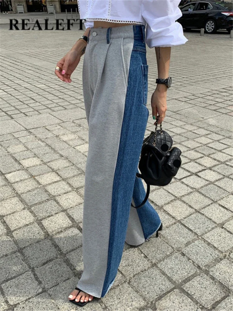 REALEFT Patchwork Casual Women's Denim Pants 2024 New Vintage Pockets High Waist Full Length Wide Leg Ladies Jeans Pants Female