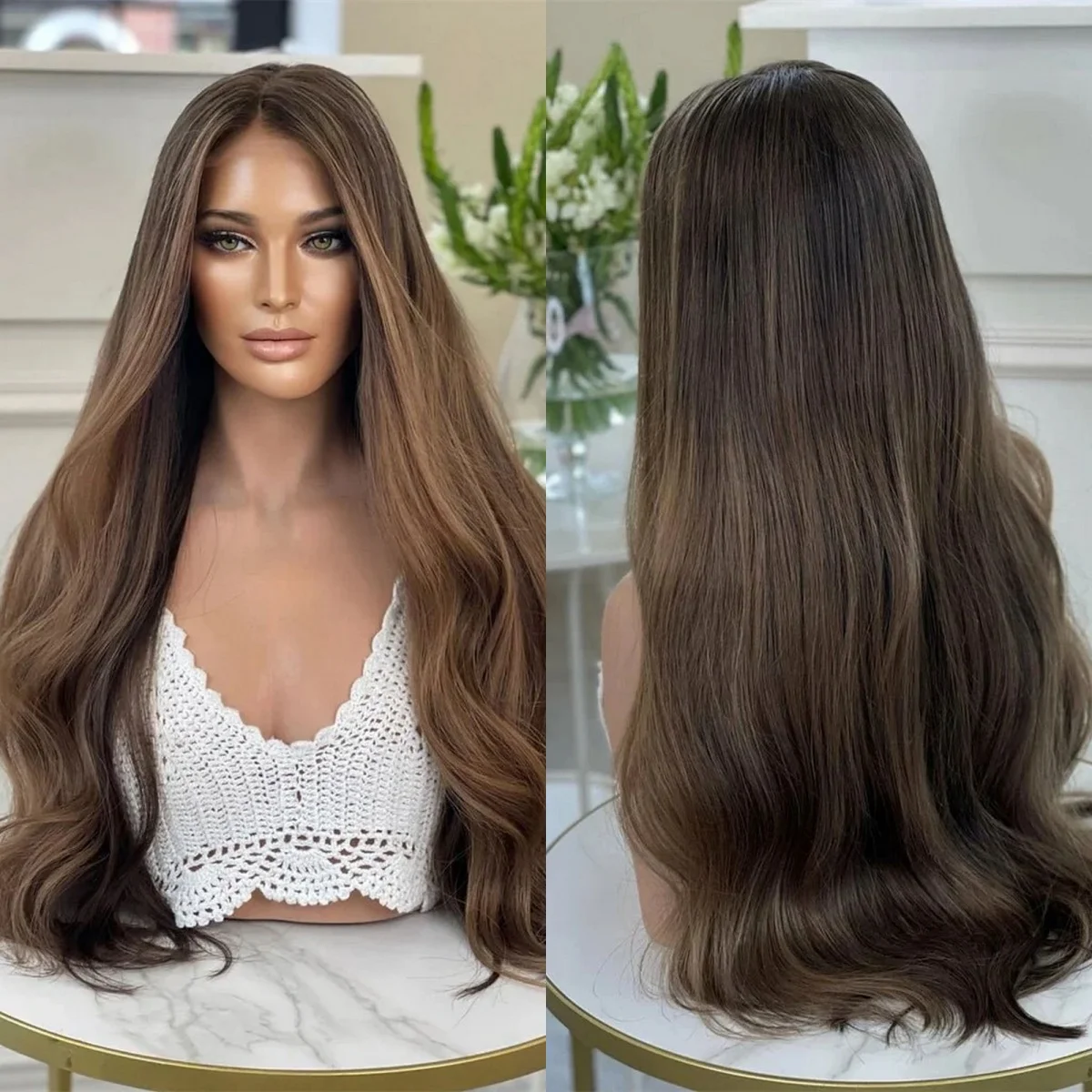 26 Inches Slightly Wave Ombre Dark Wigs Highlights Synthetic Lace Top Wigs 180% Density Glueless Wig Realistic Look Hairline Wig