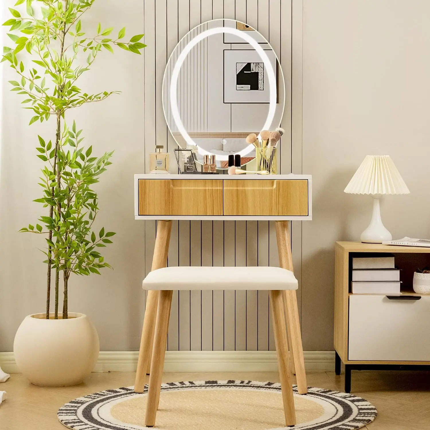 Small Vanity Desk with Mirror and Lights, Wooden Handles with Cushioned Stool, 3 Lighting Modes Round Makeup Table with Upgraded